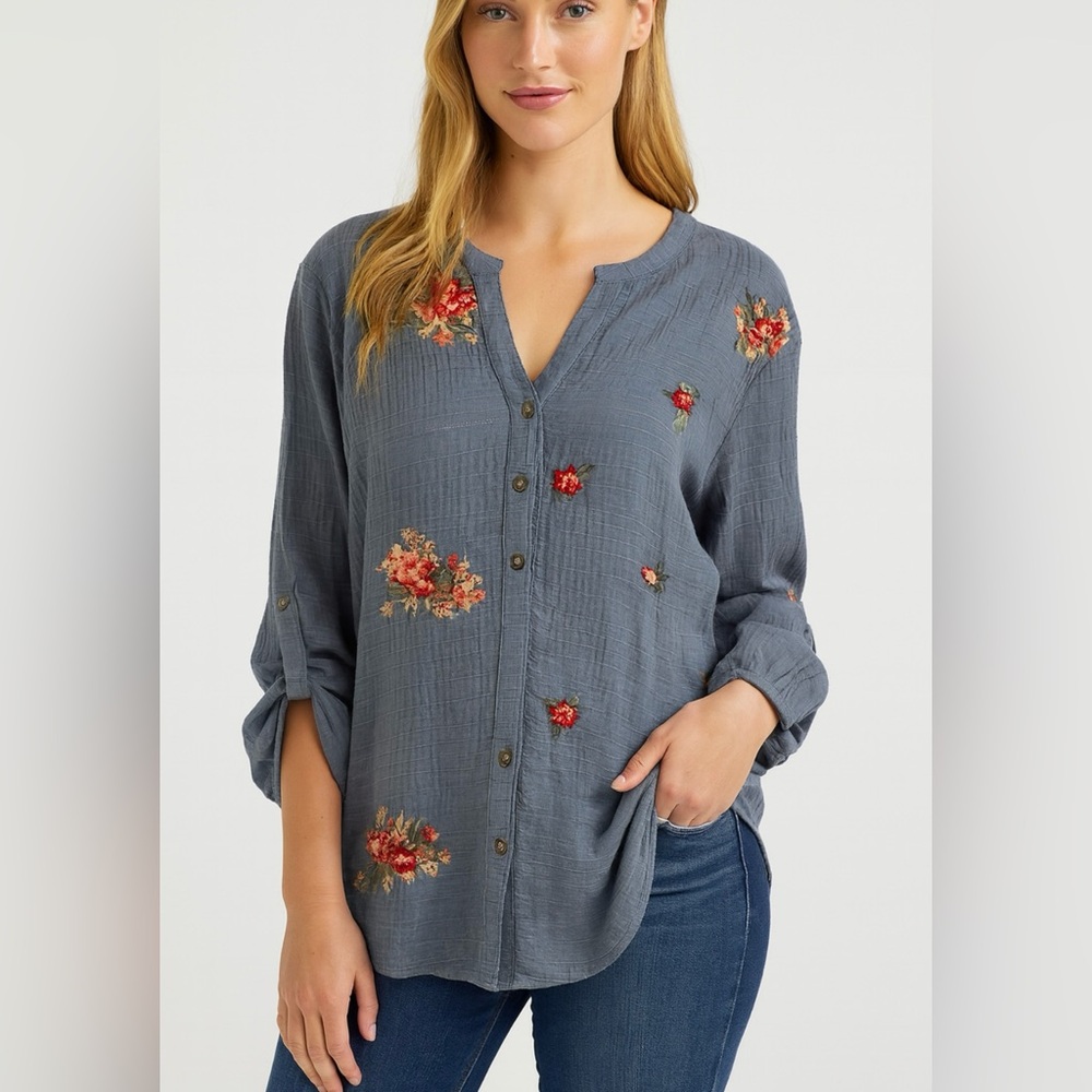 Anthropologie Fig And Flower Embroidered Floral Button Down Blouse 2X